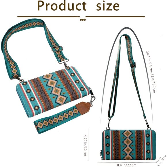 Water Blue Canvas Boho Western Wallet Wristlet with Detachable Straps, Credit Ca - Picture 4 of 6
